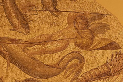 Detailed view of an ancient mosaic with mythological figure and maritime motifs, Patras