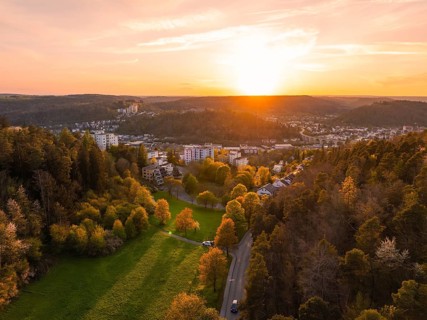 Aerial view of a cityscape at sunset, trees and buildings in the foreground, Nagold, district of