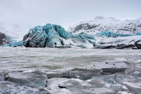 Glacier lagoon, frozen glacial lake, glacier ice, mountain, snow, winter, Svinafellsjökull,