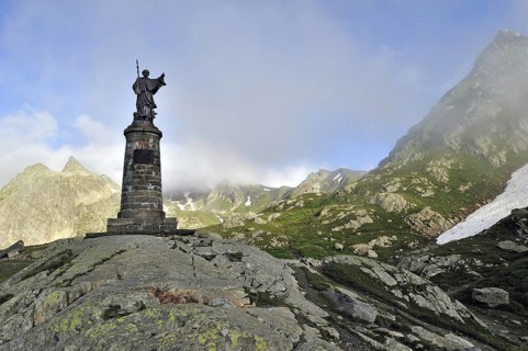 Statue of Saint-Bernard at the Great Saint Bernard Pass, Col du Grand-Saint-Bernard in the Swiss
