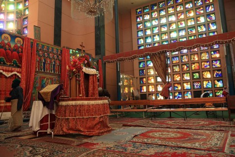 Europia district, monastery in Debre Lebanon, chancel and church windows, Ethiopia