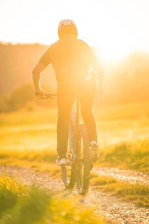 Man with helmet riding a bicycle along a sunny path, e-bike, forest bike, Calw, district Calw,