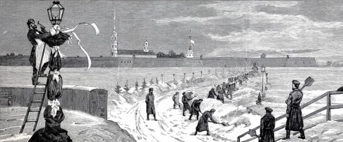 Scene in Saint Petersburg shortly after the assassination of the Tsar on March 13, 1881. A large