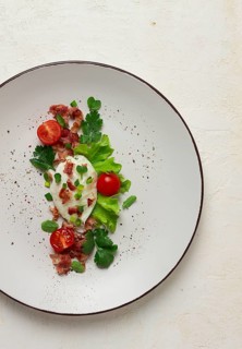 Poached egg, with bacon and vegetables, breakfast, homemade
