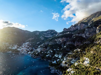 View of Positano from a drone, Amalfi Coast, Italy