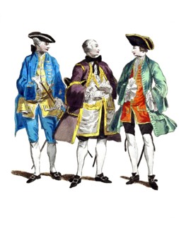 Historical clothing, fashion over time, clothing of English gentlemen in the years 1735 (a) 1745