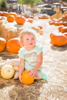 Adorable Baby Girl Having Fun in a Rustic Ranch Setting at the Pumpkin Patch