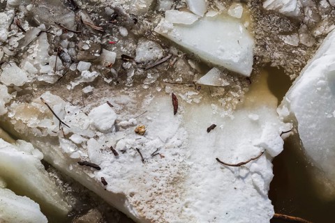 Close-up of large blocks of thick jagged ice floes floating on the surface of the Mille-Iles river