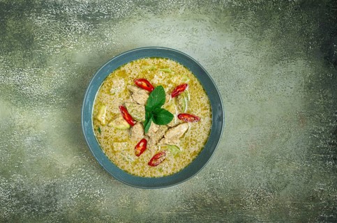 Green curry with chicken, traditional Thai cuisine, Asian food, homemade, no people