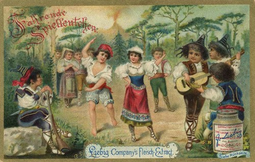 Picture series Children as travelling minstrels, Liebig picture, digitally restored reproduction of