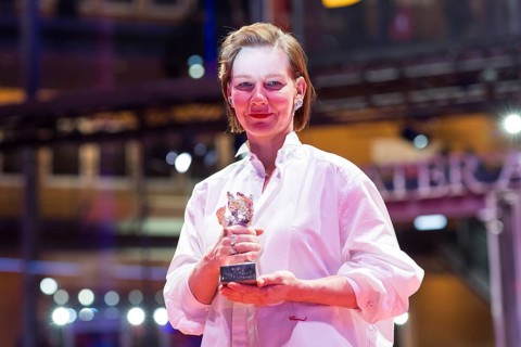Sandra Hüller poses with the Silver Bear for the best acting performance in a leading role in the