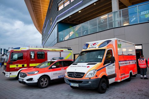 Vehicles of the fire brigade, ambulance, RTW, German Red Cross, rescue services, are on standby