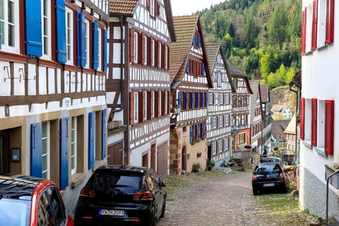 Historic half-timbered houses on Schlossbergstraße in the old town centre of Schiltach, Black