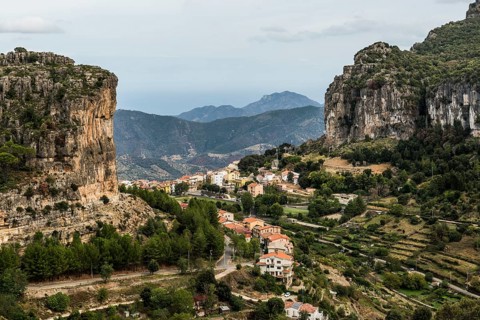 Picturesque village and steep mountains, Ulassai, Province of Ogliastra, Sardinia, Italy