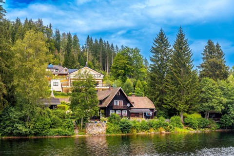 Beautiful houses on the lake shore from the boat on Lake Titisee in the Black Forest, Germany
