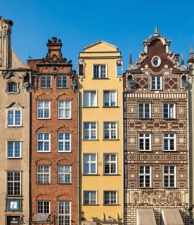 Close-up of facades of townhouses on Dlugi Targ, Gdansk, Gdansk, Poland