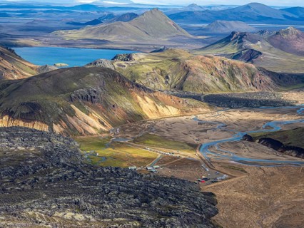 Mountain hut and campsite, located at a lava field, Landmannalaugar, Fjallabak Nature Reserve,