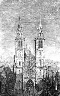 Gothic St Lawrence Church in Nuremberg, double tower, rose window, Bavaria, west portal, Germany,