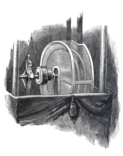 Exhibition on accident prevention in Berlin 1889, safety cage around a flywheel, digital
