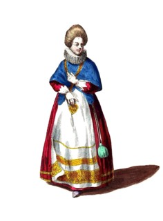 Historical clothing, fashion over time, Nobleman's woman of Denmark in 1626. Dame de qualité de
