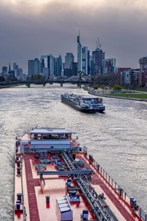 Skyline of Frankfurt am Main, skyscrapers, business and banking district in the city centre, cargo