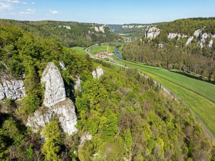 Aerial view, upper Danube valley, Werenwag Castle on the horizon, Sigmaringen district,