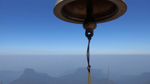View from Sri Pada, Adam's Peak, Adams Peak, bell with rope floating between sky and mountains,
