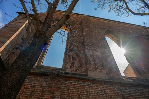 Ruins of the former Dominican convent, founded in 1299, with sun star, Nuremberg, Middle Franconia,