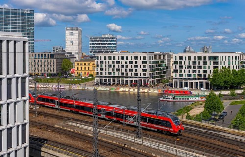 View from the roof of the Futurium Museum onto the Humboldt harbour at Berlin Central Station,