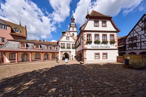Historic town hall, church tower, Erbach town church, tourist information centre, historic