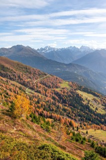 View of the mountain panorama and the Upper Inn Valley in the morning light, Krahberg on the Venet