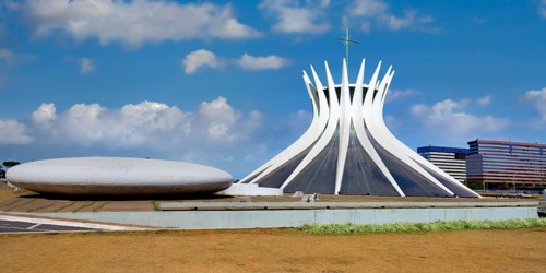 Roman Cathedral of Brasilia or Metropolitan Cathedral of Our Lady of Aparecida and oval baptistery,