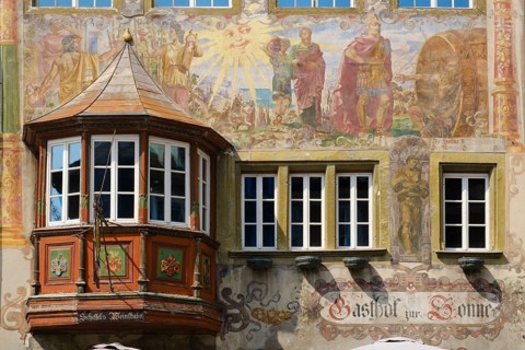 Bay window on painted façade, Historic House on Town Hall Square, Rathausplatz, Old Town, Stein am