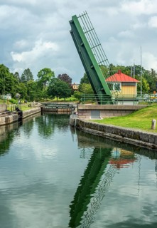 Bridge opening at lock in Göta Canal, Borensberg, Motala municipality, Östergötland, Sweden,