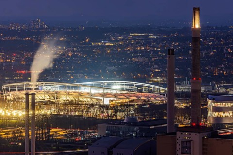 MHPArena, venue of the Bundesliga team VfB Stuttgart. The stadium is brightly lit during an evening