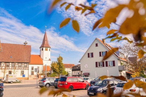 Village view with church tower and cars, autumn leaves in the foreground, Jettingen, Black Forest,