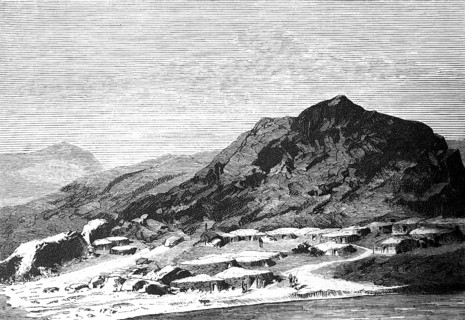 An Armenian village in the mountains with houses on a plain, accumulation, huts, people,