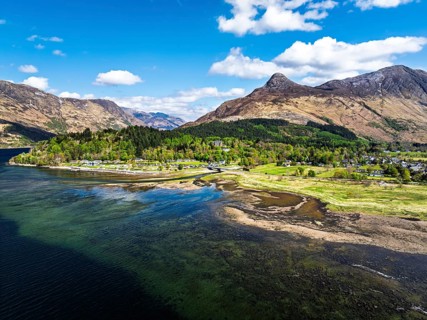Loch Leven and Holiday Park from a drone, Glencoe, Highland, Scotland, United Kingdom
