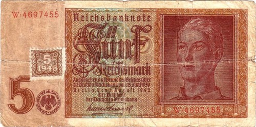 Banknote, Banknote, Reichsbanknote, 5 Reichsmark, 1942, Germany, Reproduction of a historical