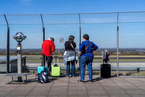 Dortmund Airport, DTM, visitor terrace in the terminal building, view of the apron and the runway,