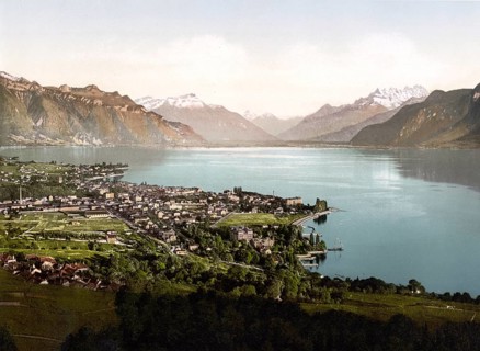 Vevey and Dent du Midi, Geneva Lake, Switzerland, Historic, digitally restored reproduction from a