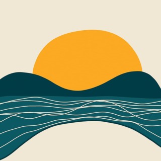 Minimalist abstract image of a sunset over hills with flowing waves, capturing a summer and calming
