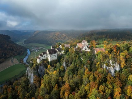 Aerial view of Werenwag Castle and former Werenwag Castle on a rocky spur in the Upper Danube