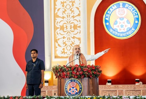 Indian Union Home Minister Amit Shah delivers a speech during the Lachit Barphukan Police Academy