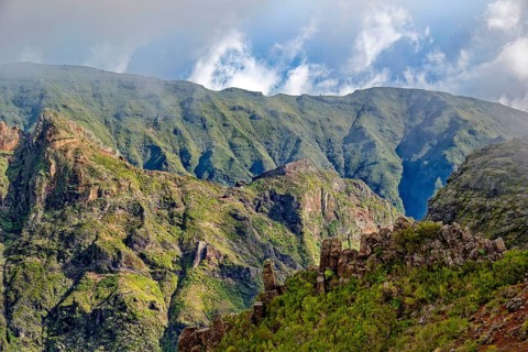 Mountain landscape in the Massif Central, central mountains near Pico do Areeiro, rocks, clouds,