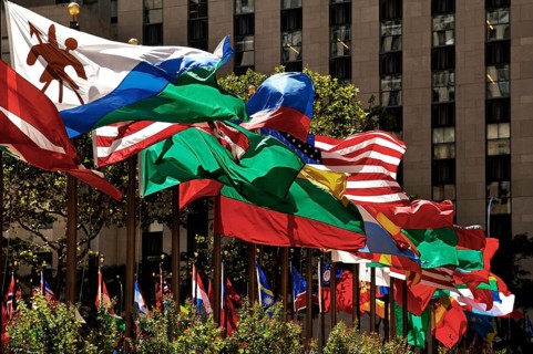 International waving flags at the Rockefeller Centre, New York City, USA