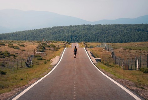 A lone man walks down a long, empty road lined with fences, surrounded by fields, heading towards
