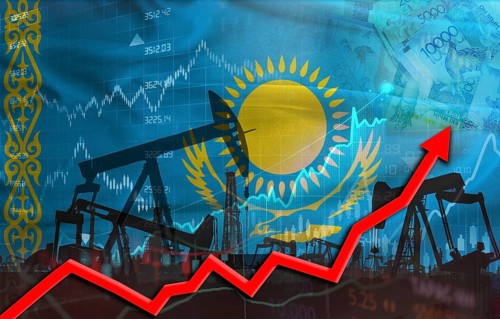 Oil production with Kazakh flag, petrol industry. Oil pumps with Kazakhstan flag