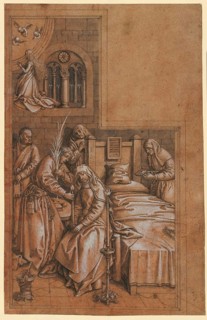 Picture shows a representation of the death of Mary, a drawing depicting a religious scene at the