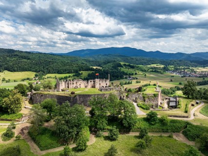 Aerial view of the ruins of Hochburg Castle, also known as Hachberg, 11th century, between